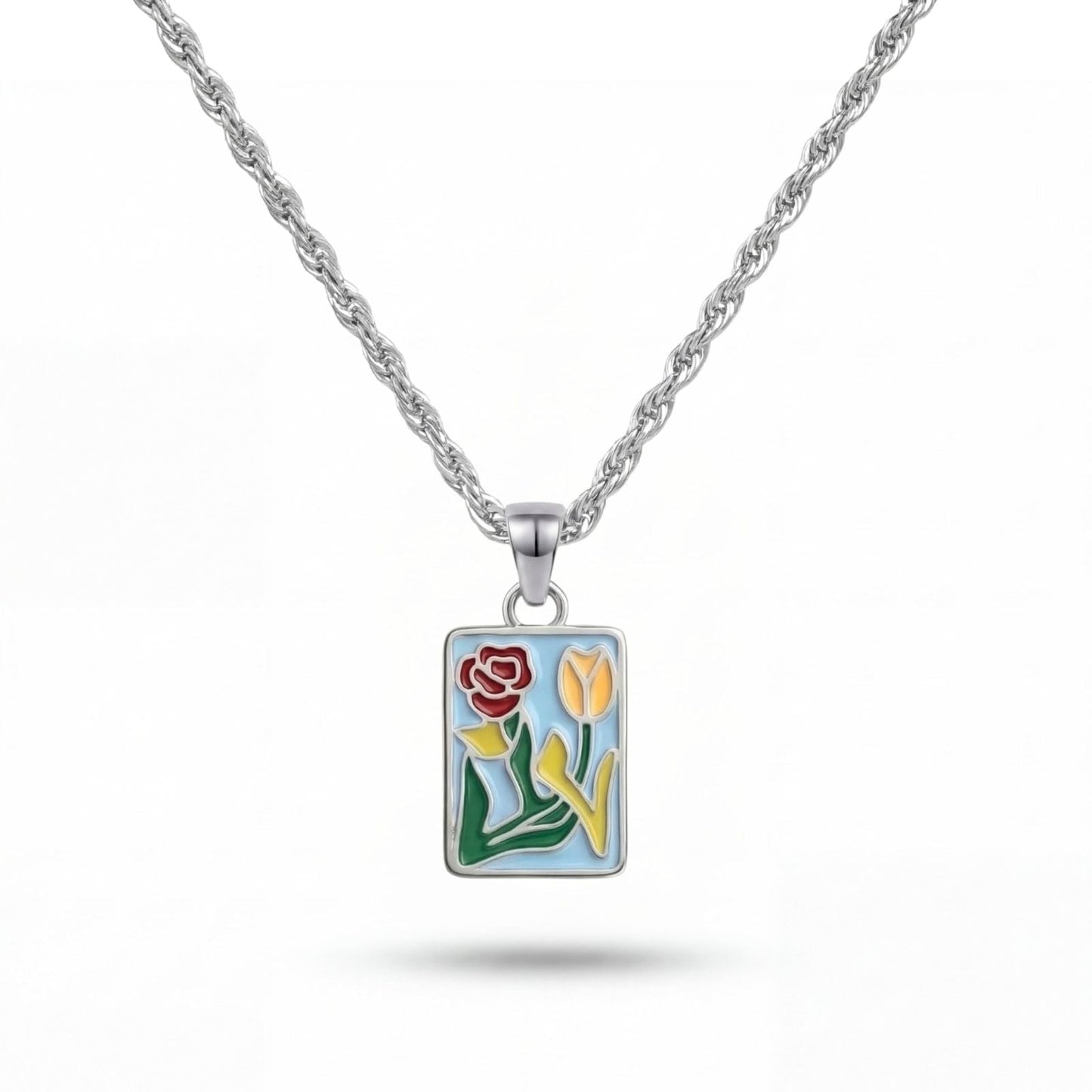 Floral Enamel Pendant -Silver